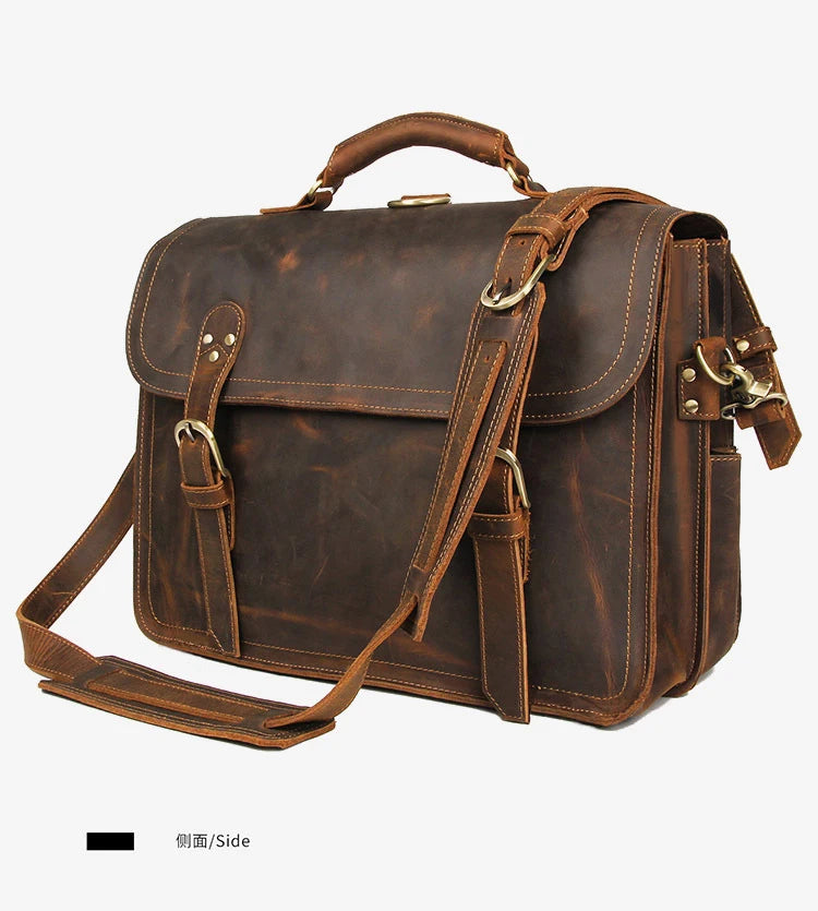 Vintage verrückte Pferd Echt leder Männer Aktentasche große Business-Tasche Einkaufstasche 15.6 "Laptop-Tasche Attache männliche Umhängetasche