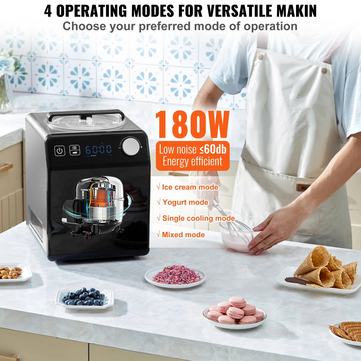 SucceBuy Upright Automatic Ice Cream Maker with Built-in Compressor 2 Quart No Pre-freezing Fruit Yogurt Machine 4 Modes.