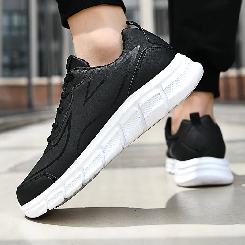 YRZL Black Running Shoes Leather Waterproof Athletic Sneakers Men Wear-resistant Men Walking Sport Shoes Comfortable Men Shoes.