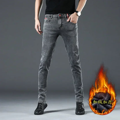Winter Thick Plus Velvet Men Middle Waist Skinny Jeans Simple Fleece Warm Slim Fit Stretch Boy Casual Denim Pencil Pants.