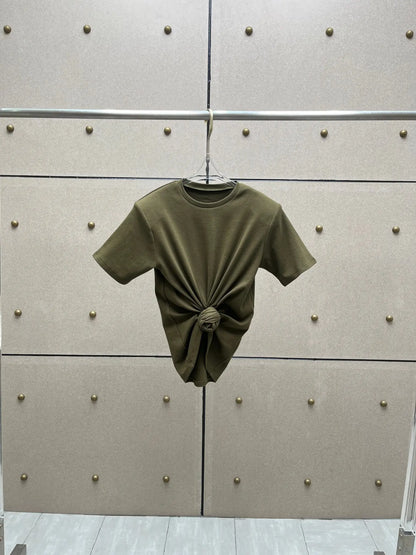 Y2K knotted twist knitted threaded round neck Top women fashionable and versatile navel padded shoulder short-sleeved T-shirt