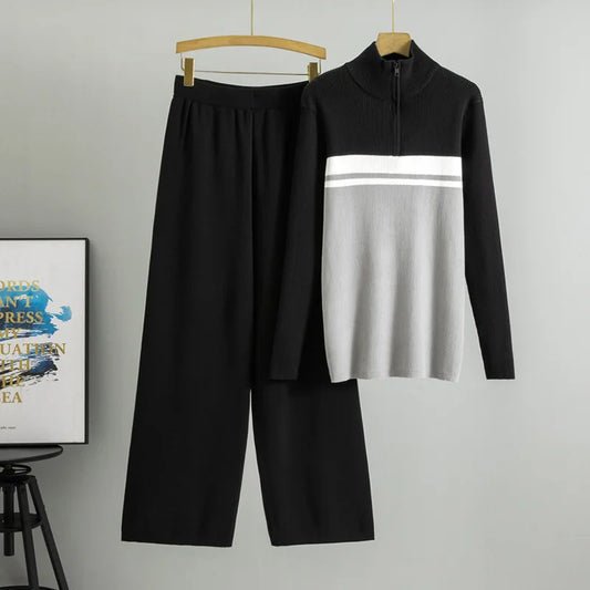 Muslim Knit Suit Women Two Piece Sets Pullover zipper high collar Sweater Knitted Wide Leg Pants Outfits Knitwear 2025 autumn.
