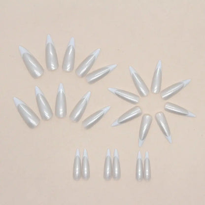 24pcs Long Stiletto French Fake Nails White Edge Simple Aurora False Nails Full Cover Press on Nails DIY Detachable Manicure.