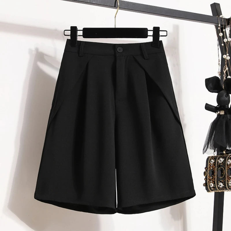 Women's A-Line High Waisted Wide Leg Short Pants Plus Size Casual Suit Shorts Summer 2025 Oversized Loose Five Quarter Pants.