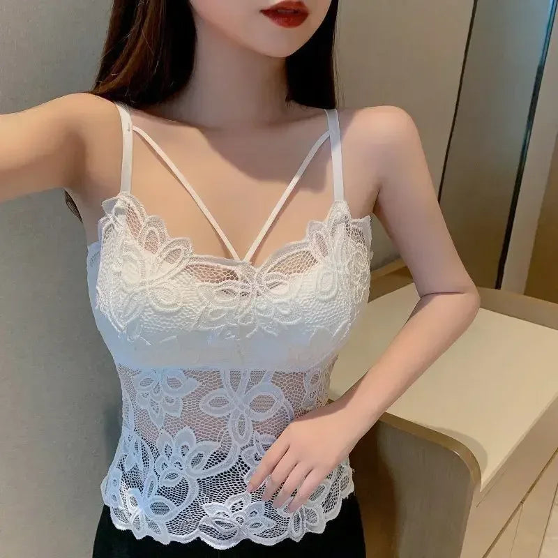 Women Sexy Lingerie Camisoles Beauty Back Sling Bottoming Lace Underwear Solid Anti-lighting Large Size Wrapped Chest.