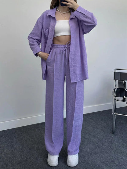 New Autumn Red Women Casual Two-piece Set, Features A Thin Long-sleeved Lapel Shirt Paired with Matching Drawstring Trousers.