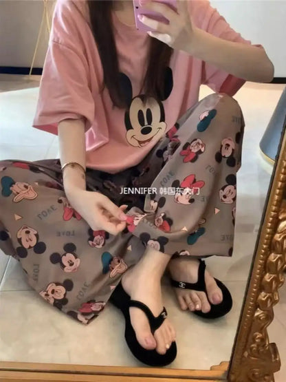 Sommer Pooh Bär Nachtwäsche frauen Lose Bequeme Cartoon Print Hause Kleidung Set Kurzarm Nachthemd Mickey Pyjama Set