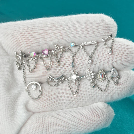 1PC 316L Surgical Steel Star Water Drop Heart CZ Chain Ear Cartilage Tragus Helix Stud Earring Daith Lobe Piercing Body Jewelry.