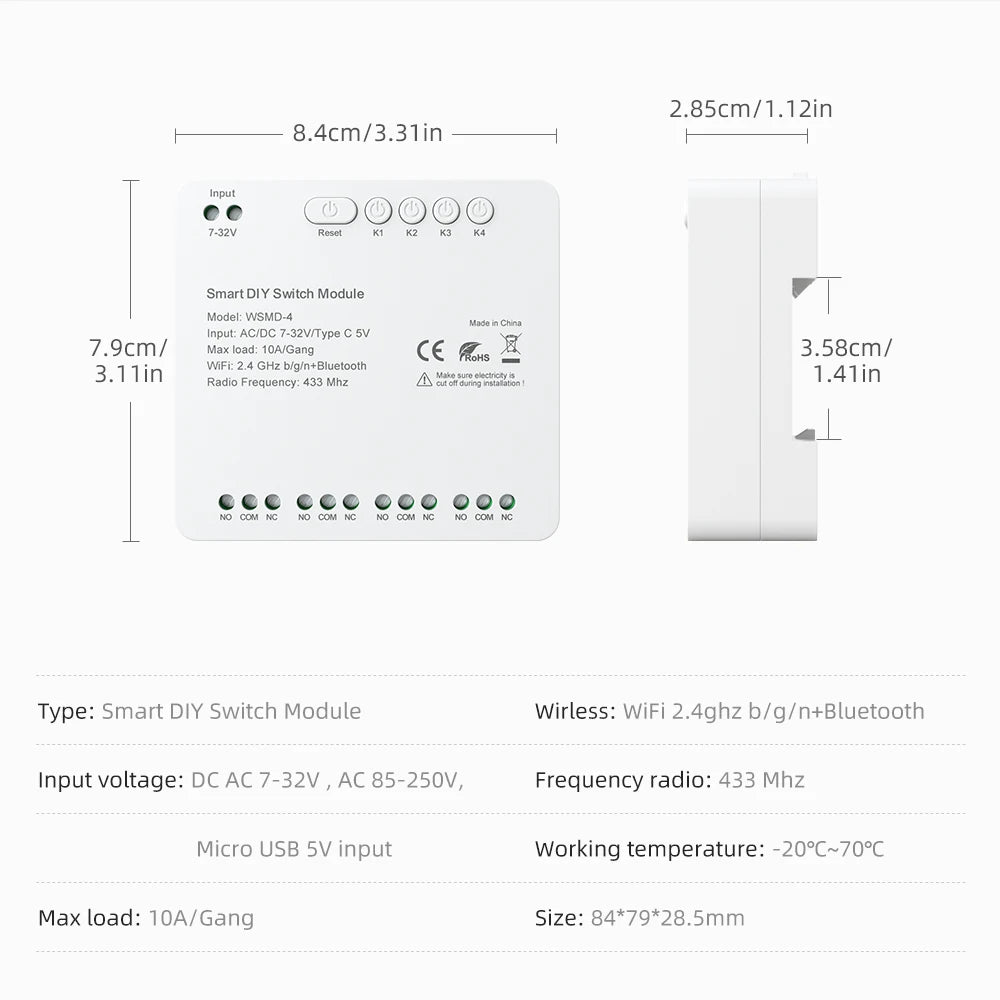 AVATTO Tuya WiFi 4-Kanal-Schaltmodul, 7–32 V/85–250 V RF433 Fernbedienungsrelais-DIY-Modul, funktioniert mit Alexa, Google Home, Alice.
