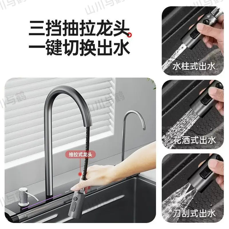 Waterfall kitchen sink nano thickened digital display honeycomb household single slot