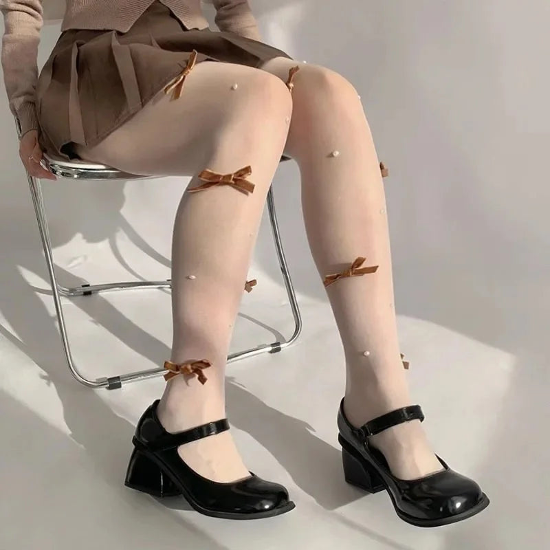 Sweet Pure Desire Butterfly Knot Stockings Pearl Pantyhose Women's Ultra Thin Any Cut Anti Snag Long Tube Socks
