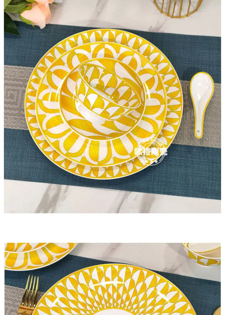 European style tableware, bone china, geometric creativity, home style steak plate dining plate, sunshine cup and plate set gift.