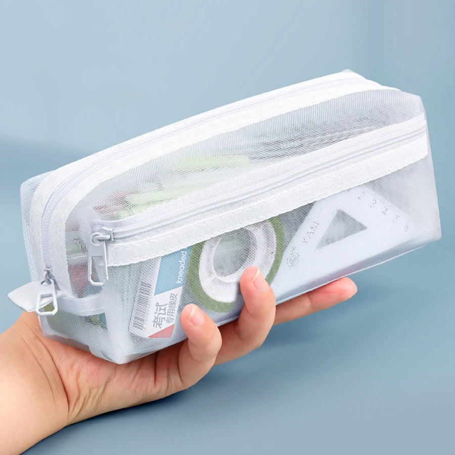 Federmäppchen aus Netzstoff mit großem Gittermuster, transparentes Hand-Multifunktions-Bleistiftetui, stationäre, transparente Make-up-Tasche.