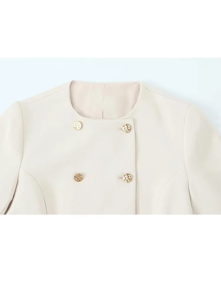 HH Women Solid Pant Set Long Sleeve O-Neck Double-Breasted Blazers+High Waist Chain Matching Side Zipper Trousers Sets.