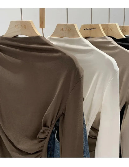 Early Autumn Pure Color High Neck Pleated Slim Fit Sexy Base Shirt Women's Fashionable Crew Neck T-shirt Full Sleeve China Origi.