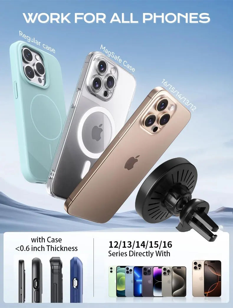 Magnetic Wireless Charger 360 Rotation Air Vent Phone Holder Stand For Magsafe iPhone 16 15 14 13 12 Pro Max Fast Charging Mount.