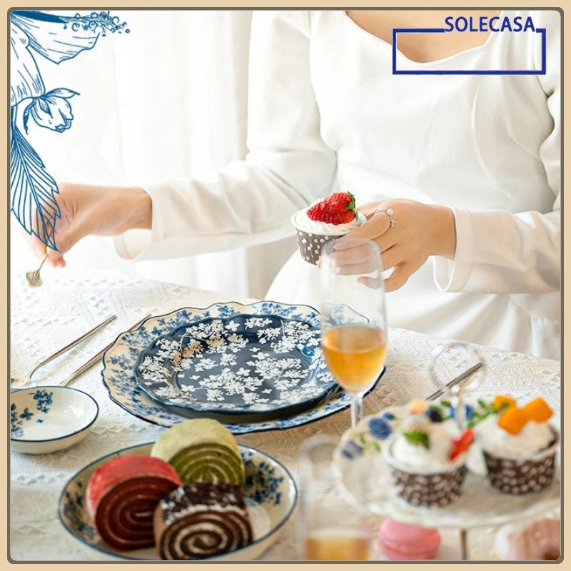 SOLECASA English Retro Ceramic Tableware Blue Flowers Pattern Household Salad Bowls Steak Plate Fruit Dessert Plates Dinnerware.