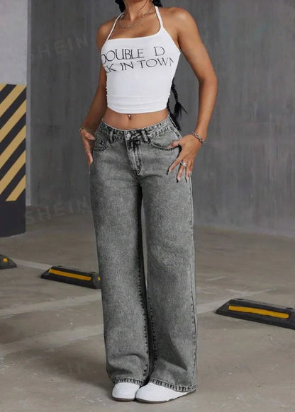 Women Wide Leg Boyfriend Jeans Straight Hip Hop Bow Embroidery Denim Pants Low Waist Baggy Jeans Casual Loose Jeans Streetwear.