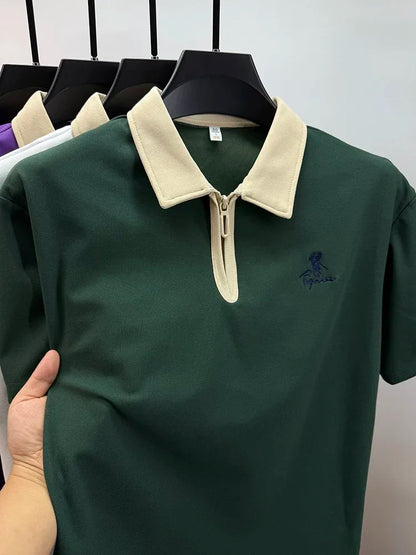 Luxury brand short sleeve polo shirt men's fashion Pony embroidered summer trendy breathable casual color blocked lapel T-shirt.