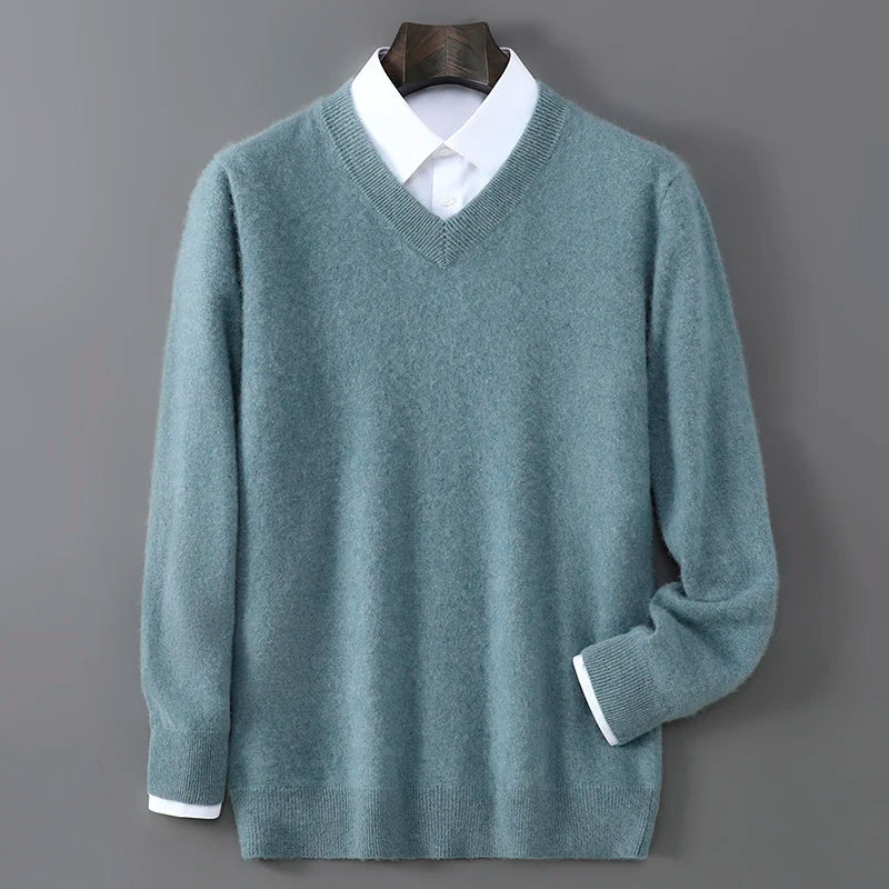 2025 Autumn Winter New Men's Wool Sweater Solid Color V-Neck Pullover Sweater Casual Loose Business Knit Plus Size Base Sweaters