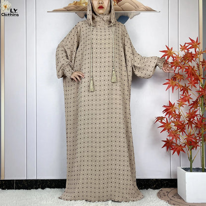 2024New Pure Cotton Ramadan Muslim Two-Hat Abaya Dubai Turkey Islam Prayer Clothes Loose Robe Islamic Women Traditional Clothing