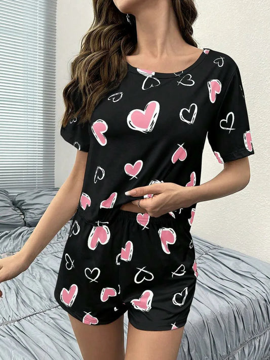Damen New Style Pyjamas Kurzarm Top Herz Muster Shorts lässig elegante zweiteilige Home Wear