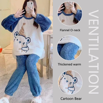 Nette Cartoon Bär Gepolsterte Zwei Sätze Von Mädchen Pyjamas Loungewear Verdickte Warme Flanell Damen Pyjamas Korallen Samt Pyjamas Winter.