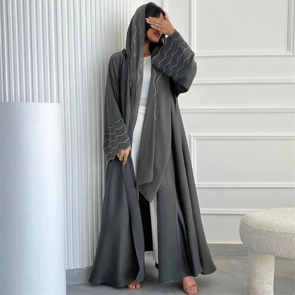 Ramadan Eid Women Gray Black Dubai Khimar Abaya Islam Muslim Kimono Hijab Dress Set Kebaya Kaftan Djellaba Robe Femme Musulmane.