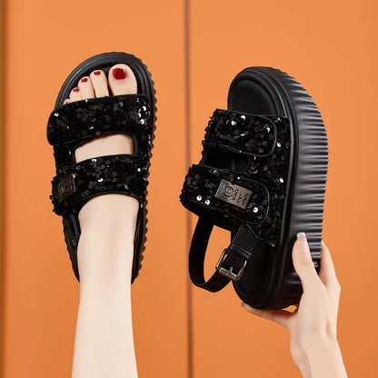 AUTUSPIN 6cm Women Flat Sandals Fashion Platform Ladies Shoes Bling Bling Sequined Cloth Female High Heels Chunky Rome Sandalias.