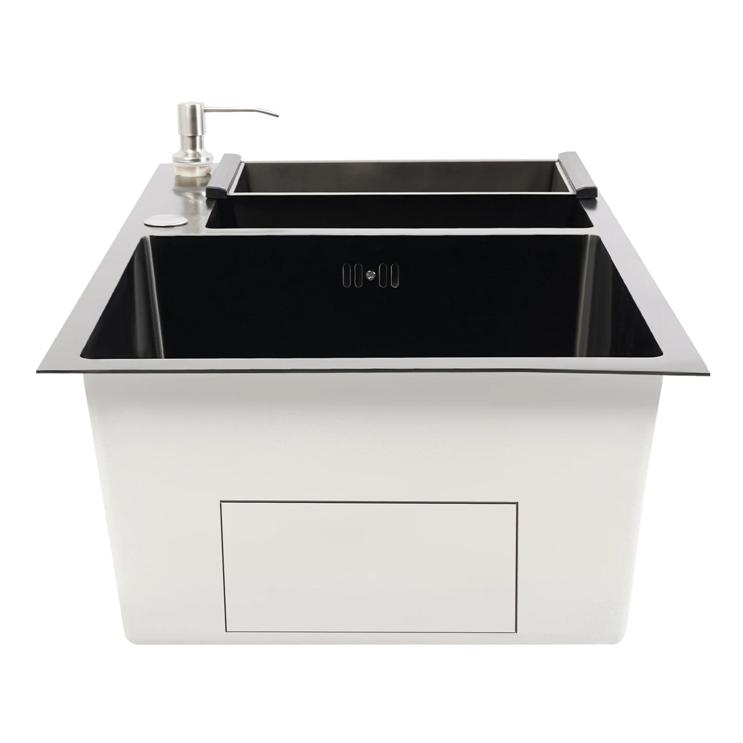 Edelstahlspüle, moderne Küchenspüle, Black Diamond 7843PB, Doppelspüle, Abfluss + Seifenspender zum Reinigen von Geschirr und Gemüse