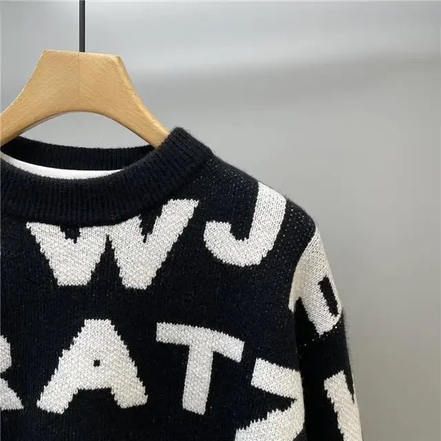 Sweater Men's Clothing Winter Full-print Letter Jacquard Loose Thickened Design Round Neck Top Trendy American Style Sweater.