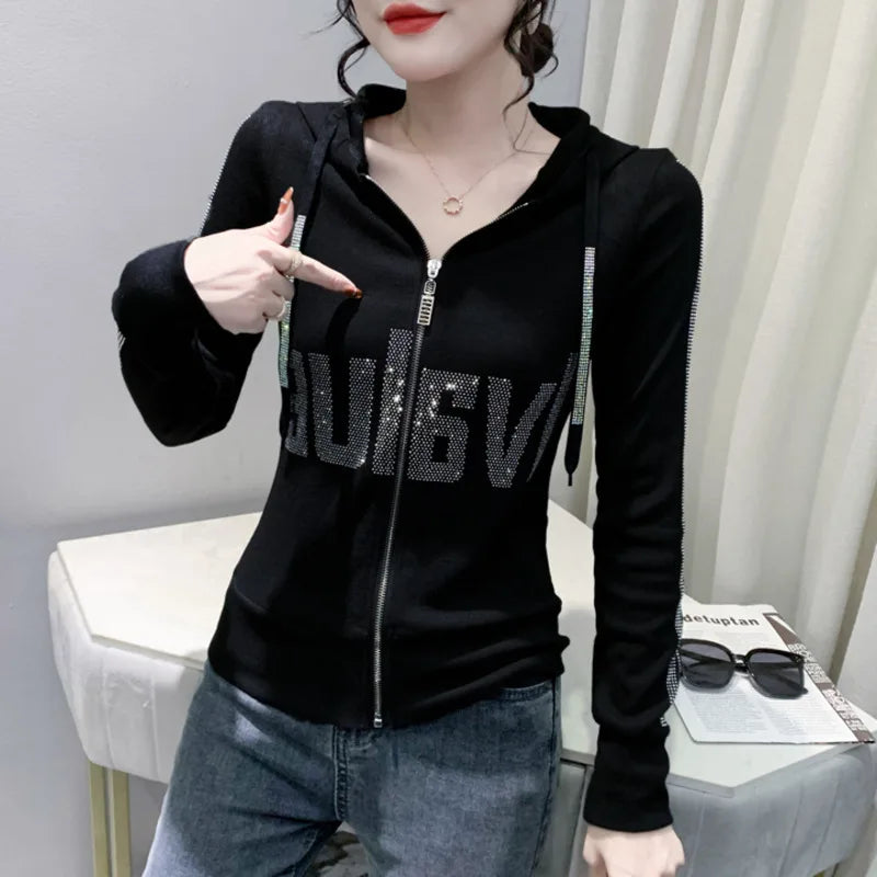 #7937Black Grey Women Hoodies Sweatshirt Tops Pullovers Diamonds Letters Slim Streetwear Short Hoodies Woman Zipper Korean Style.