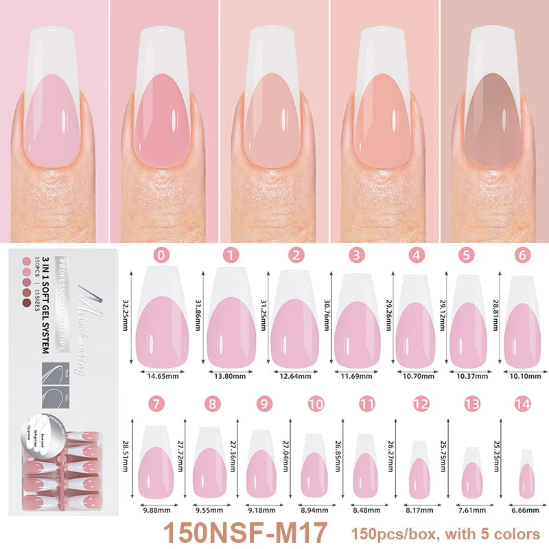 150Pcs/Box Acrylic Press on Nails Full Cover Fake False Tips Soft Gel Extension T-shaped Oval Capsule Almond Sculpted Salon DIY