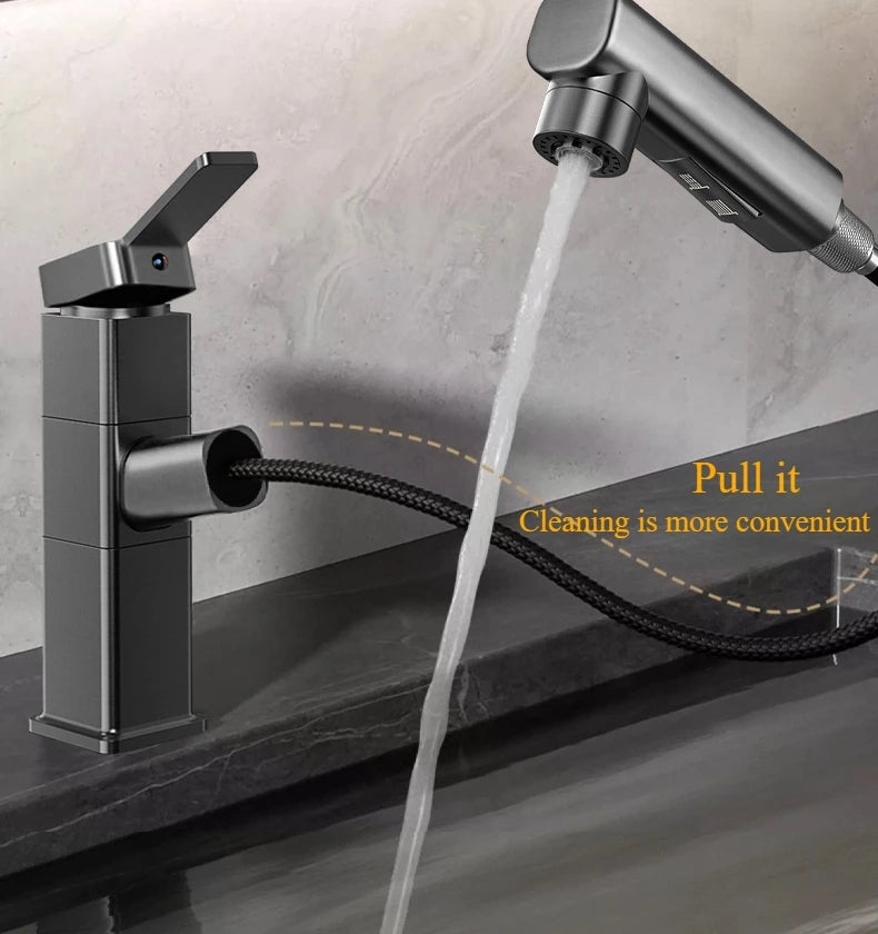 Pull Out Bathroom Faucet Hot and Cold Water Mixer Basin Sink Three Mode Water Outlet Faucet Washbasin Tap