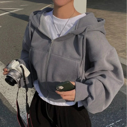 2024 Frühling Herbst Neues, mit Fleece gefüttertes, vielseitiges, abgeschnittenes Slims glättet Silhouette mit Reißverschluss, warmes, marineblaues Kapuzen-Sweatshirt für Damen.