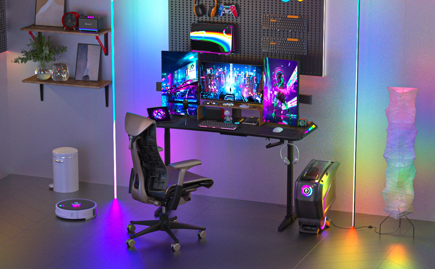 Höhen verstellbarer Gaming-Schreibtisch Stehpult, großer Gaming-Computer-Schreibtisch mit RGB-LED-Leuchten für Spiele und Home Office, schwarz