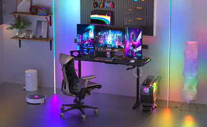 Höhen verstellbarer Gaming-Schreibtisch Stehpult, großer Gaming-Computer-Schreibtisch mit RGB-LED-Leuchten für Spiele und Home Office, schwarz