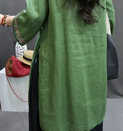 Damen-Bluse im Vintage-Stil aus Baumwolle und Leinen, mittellang, siebte Ärmel, Stickerei, ethnischer Rock mit lockerer Passform, chinesischer Stil.