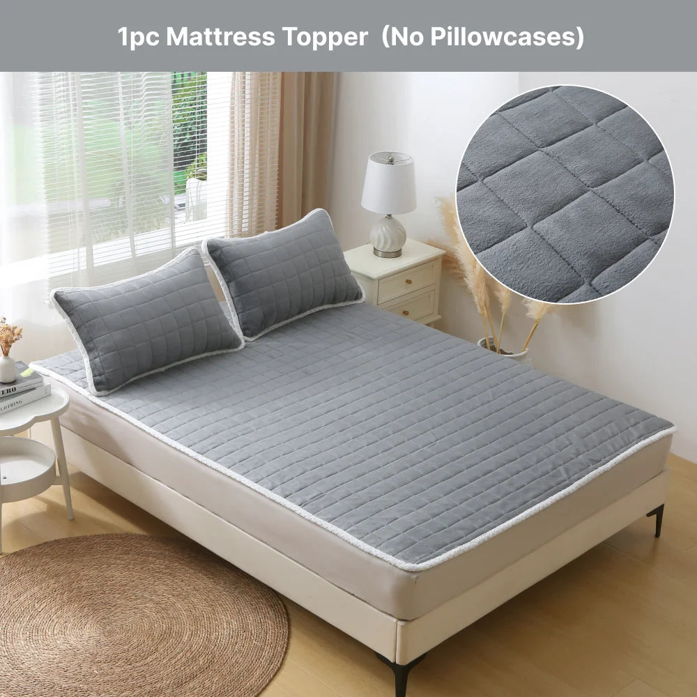 1pc Velvet Quilted Mattress Topper with Elastic Band, Thickened Warm Non-Slip Mattress Cover for Bed Sleeping, Camping, Floor.
