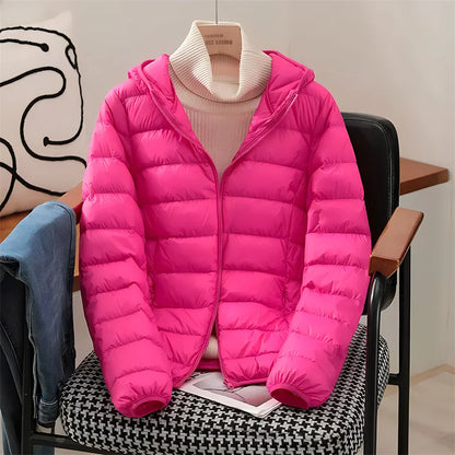 2024 neue Ankünfte Frauen Mit Kapuze Ultra Leichte Packbare Puffer Jacken Herbst Winter Weiße Ente Unten Weiblichen Koreanischen Dünnen Mantel.