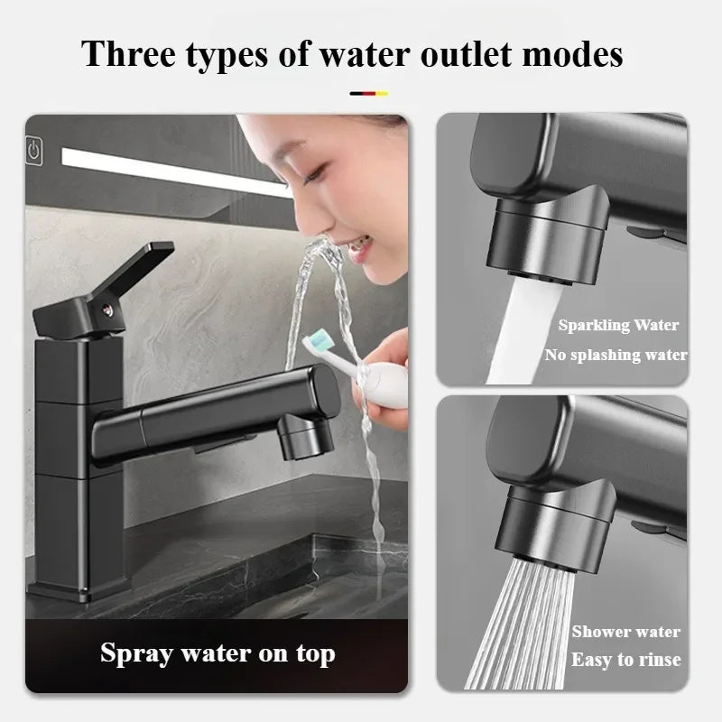 Pull Out Bathroom Faucet Hot and Cold Water Mixer Basin Sink Three Mode Water Outlet Faucet Washbasin Tap