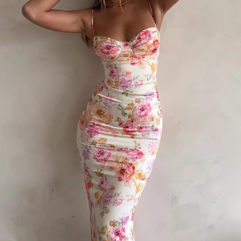 Damen-Kleid mit Blumendruck, Spaghettiträger, ärmellos, schmale Passform, Sommer, rückenfrei, langes Kleid für Party und Strand.