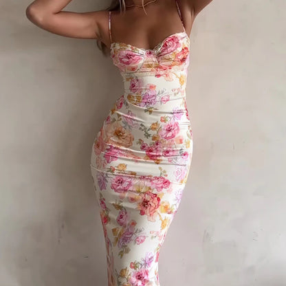 Damen-Kleid mit Blumendruck, Spaghettiträger, ärmellos, schmale Passform, Sommer, rückenfrei, langes Kleid für Party und Strand.