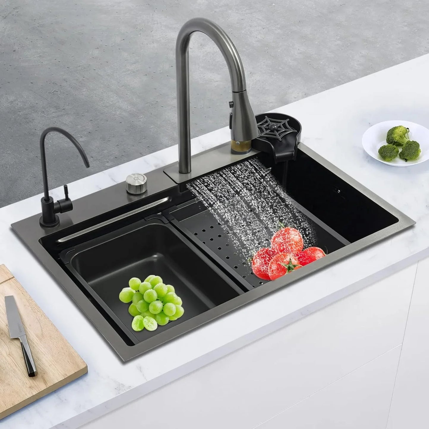 BYMAOCAR Edelstahlspüle, Küchenspüle mit ausziehbarem Wasserhahn, Haushaltsspülbecken-Set, Edelstahl-Wasserfallspüle 68 x 45 x 21 cm