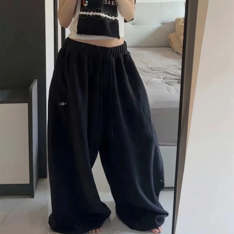 Oversize Cotton Pants Woman Y2K Casual Drawstring Trousers Korean Streetwear High Waist All Match Jogger Pants Grey Sweatpants