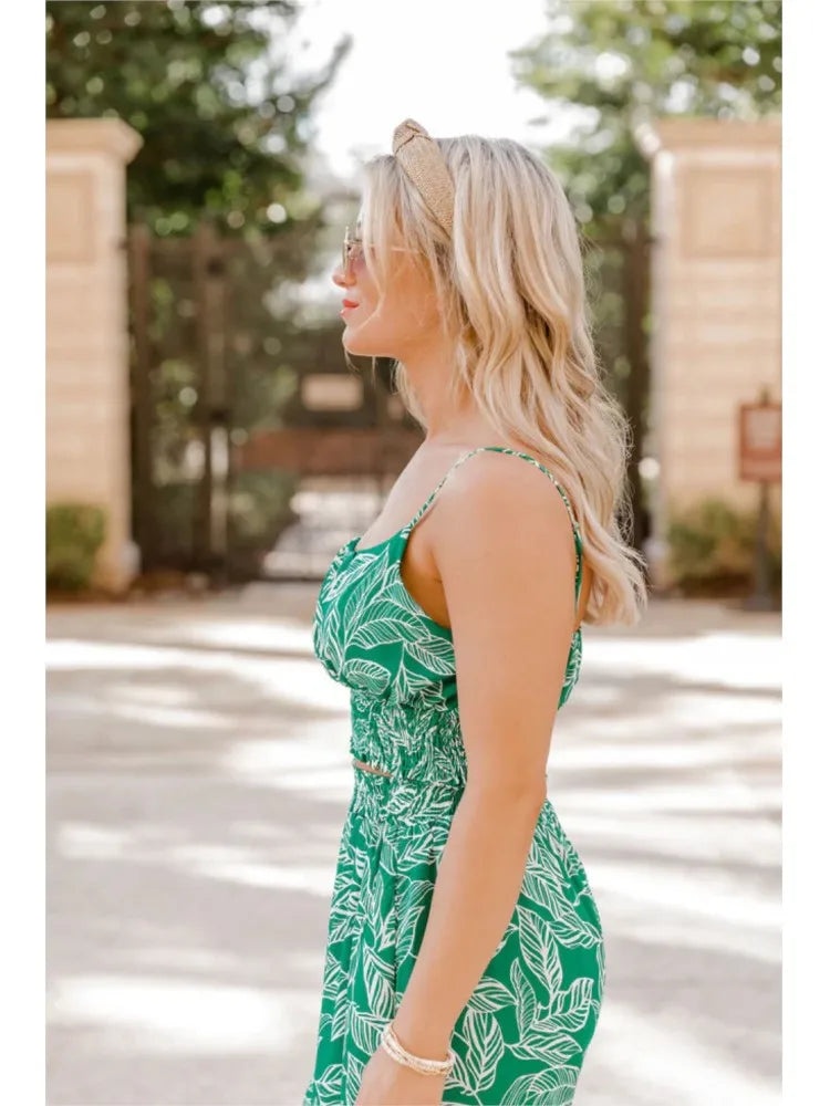 Women's Fashion Print Halter Sexy Short Top + Wide Leg Pant Suit Summer Casual Simple Sweet About Elegant Female Pant 2piece Set.