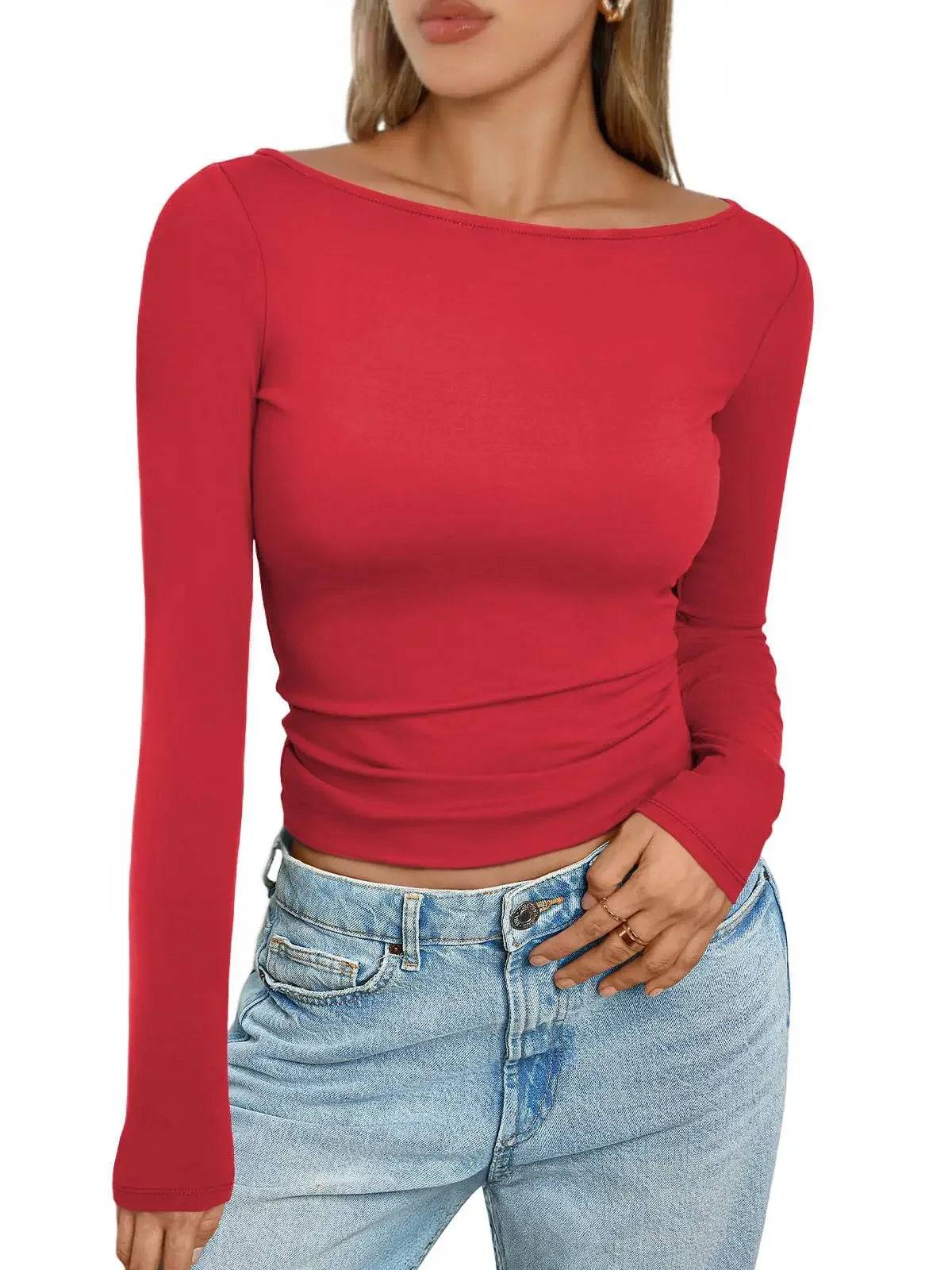 Summer Spring Slim-fitting Women's Clothing New One-neck Long-sleeved T-shirt Blouse Top Skinny Solid Color Tee.