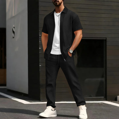 2025 Men's Casual and Fashionable short-sleeved jacket and shirt with solid-colored drawstring trousers two-piece set.