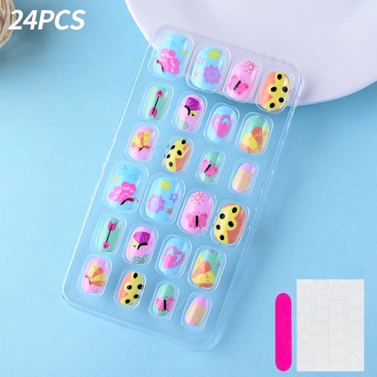 24Pcs/box Kids nails for Girl Cartoon Pattern False Nail Cute Child Fake Nails Tips Kawaii Acrylic Artificial Press on Nail+Tool