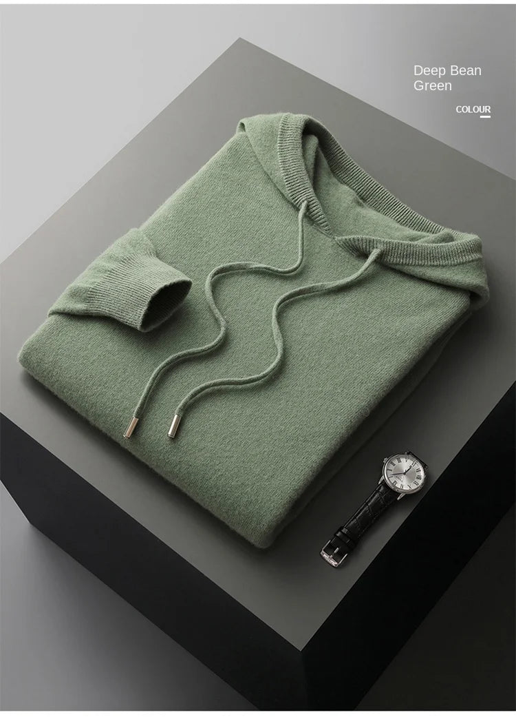 100% Cashmere Sweater Men's Ready-To-Wear Hooded Knitted Pullover Autumn Winter Long Sleeved Sweater Casual Sports Hoodie Top